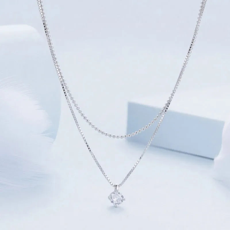 S925 sterling silver double-layer pendant necklace with a pearl chain in silver colour
