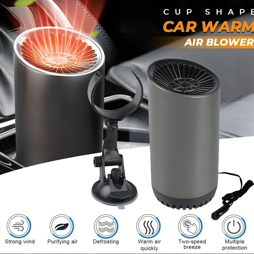 Black-grey 12V car windshield heater with suction cup mount measuring 15x7cm with 1.5m cable