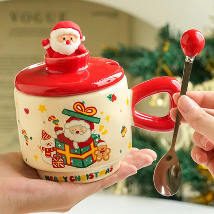 Christmas ceramic cup with lid, 8cm height, 9cm caliber, 301-400ml, round single-layer cartoon festive design