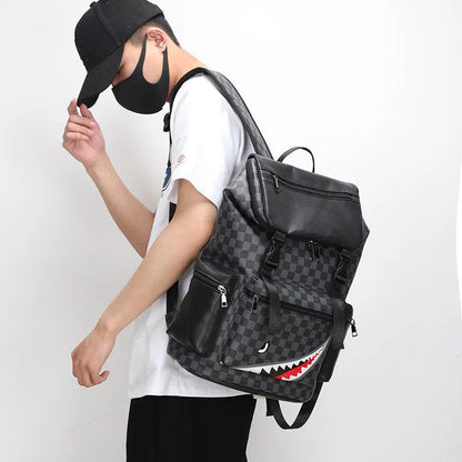 Korean casual checkered printed large capacity backpack in black colour