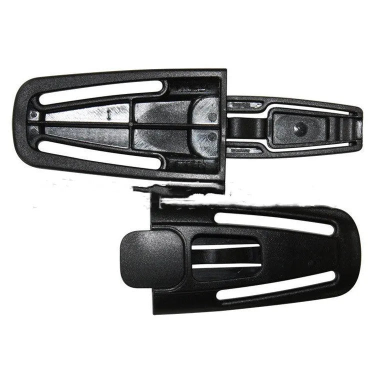 Black nylon seat belt buckle clip for adjusting child car seat harness straps.