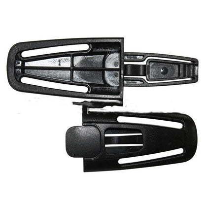 Black nylon seat belt buckle clip for adjusting child car seat harness straps.