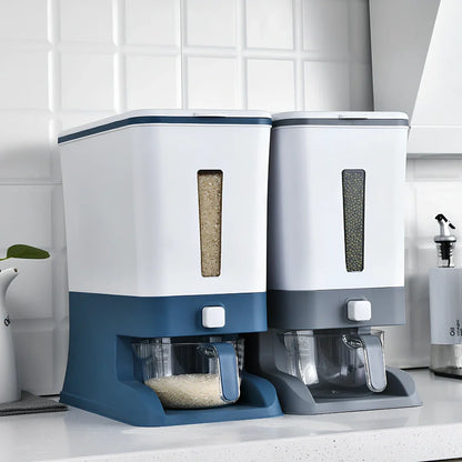 Automatic rice storage container with push-button dispenser and transparent viewing window