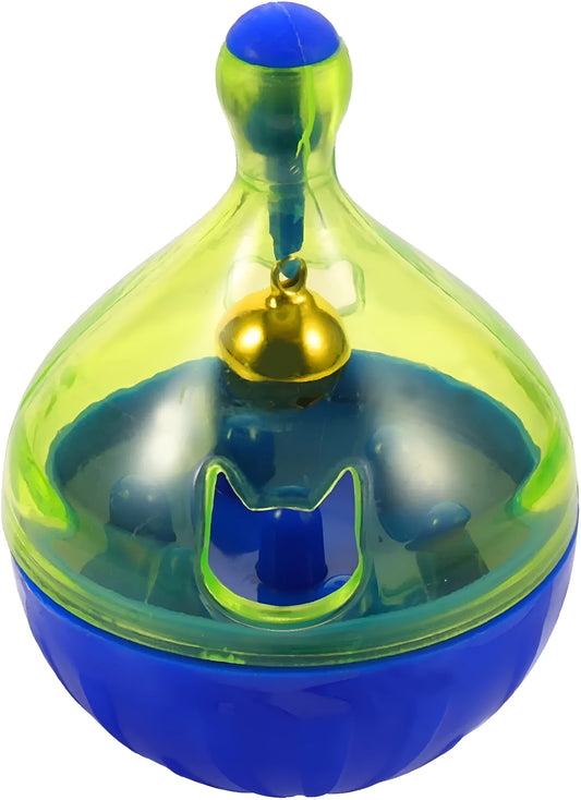 Tumbler-shaped pet treat dispenser measuring 14cm with food-leaking openings for slow feeding
