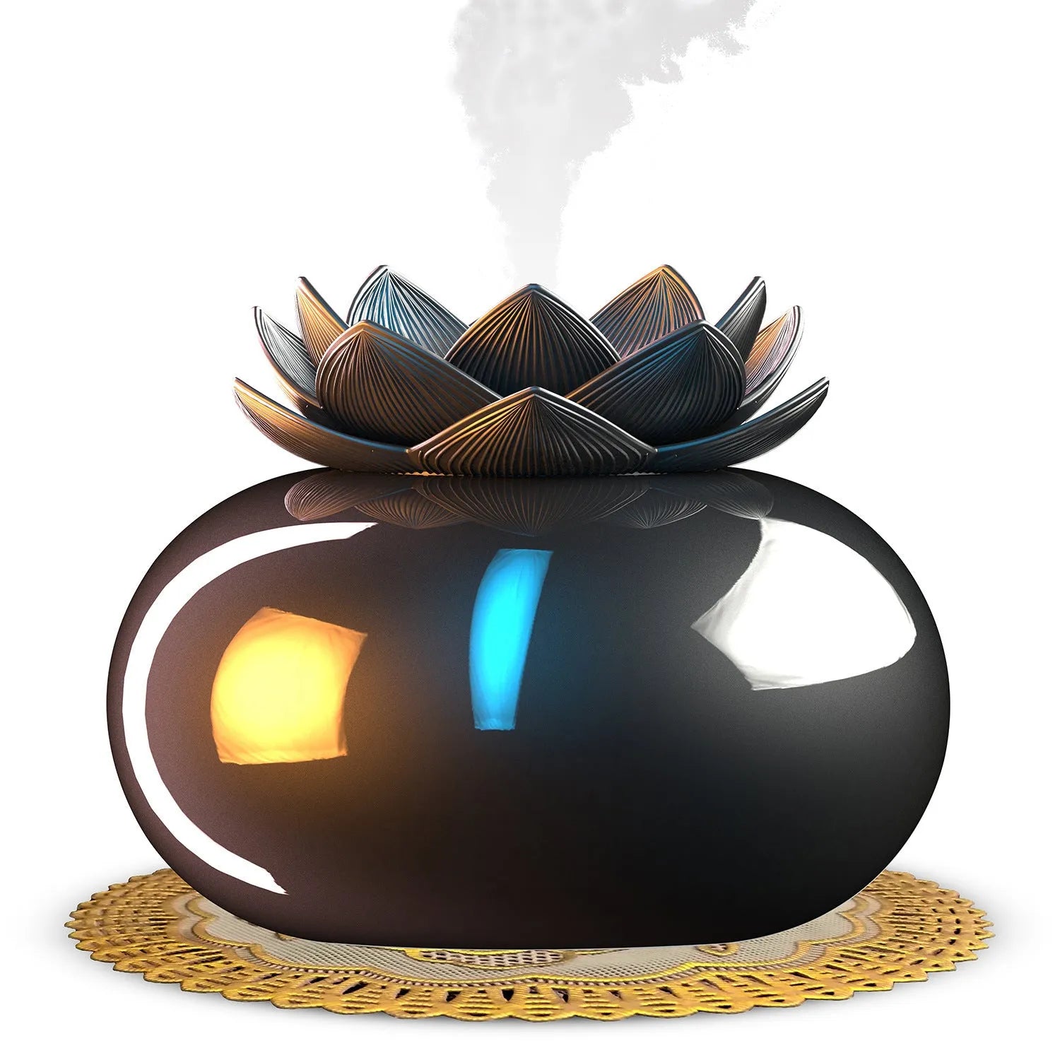 Round black Lotus ultrasonic humidifier with USB port and single mist outlet, ceramic construction