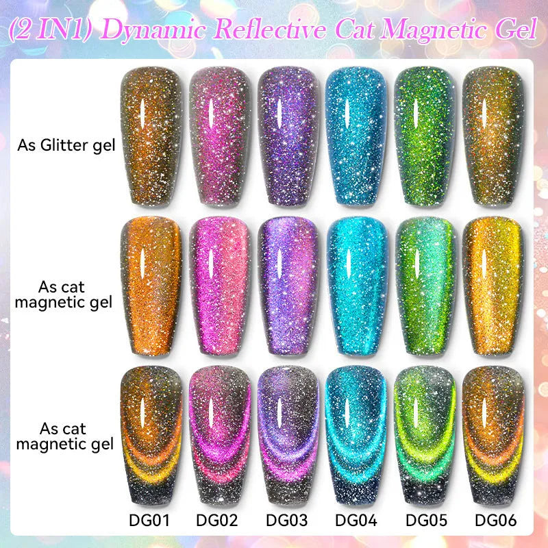 Diamond In The Debris Cat Eye Series UV Gel Polish bottles in six colours with glitter and fragments