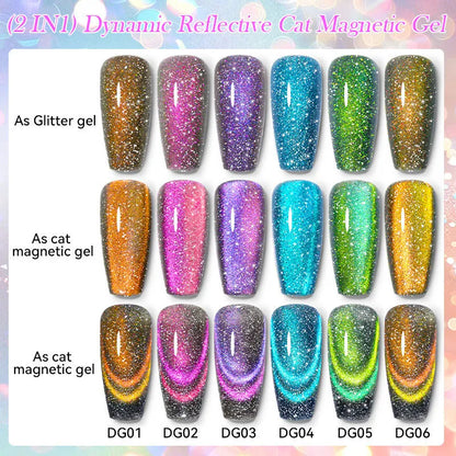 Diamond In The Debris Cat Eye Series UV Gel Polish bottles in six colours with glitter and fragments
