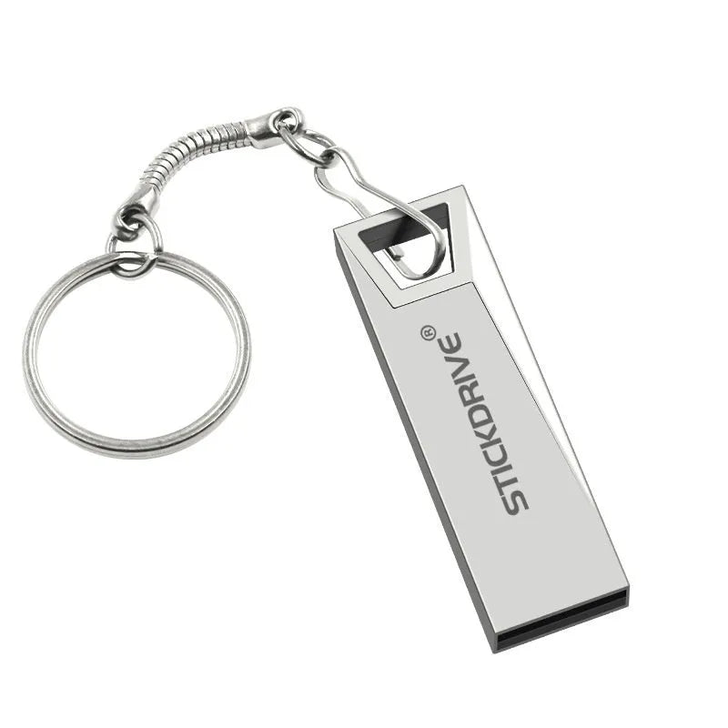 Silver metal USB flash drive with a carabiner keychain clip attached