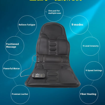 Black heating massage mat with infrared function and a seat cushion on a floor