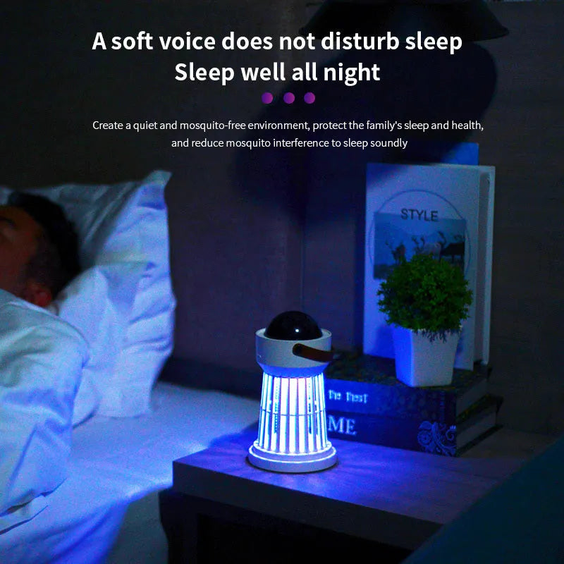 White electric mosquito killer lamp with star projection feature and a folding handle.