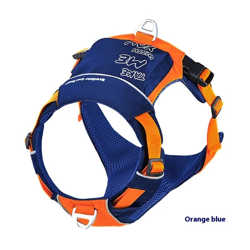Orange blue vest-style dog chest strap with nylon construction and D-ring attachment