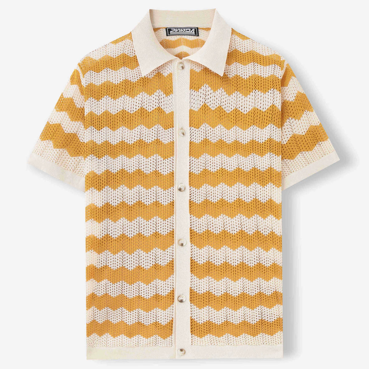 American-style hollow jacquard corrugated sweater with short sleeves and flocking detail in blue colour