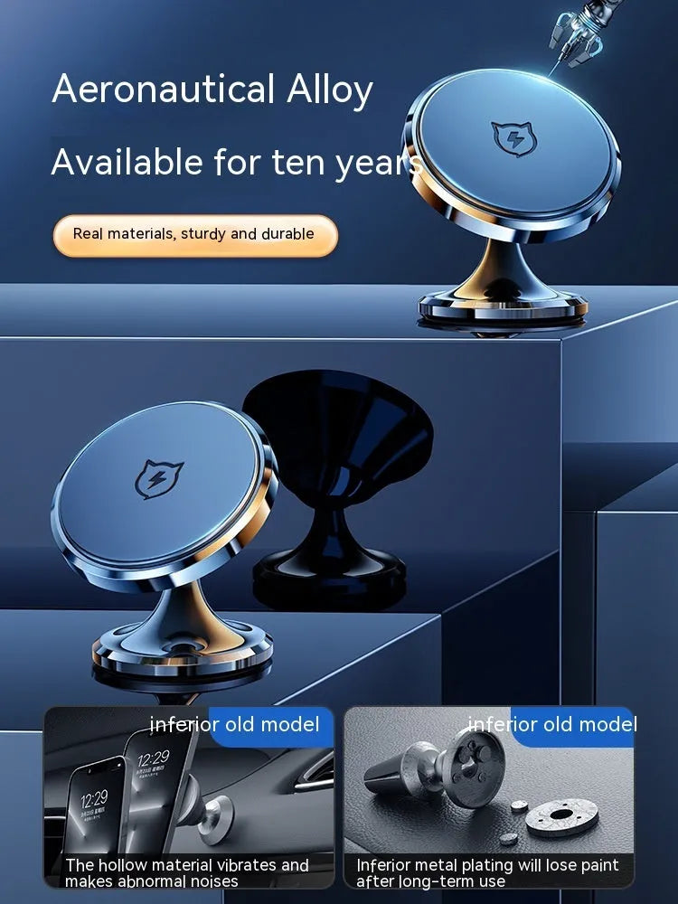 Shiny black magnetic car phone holder with alloy cradle mounted on a car dashboard.