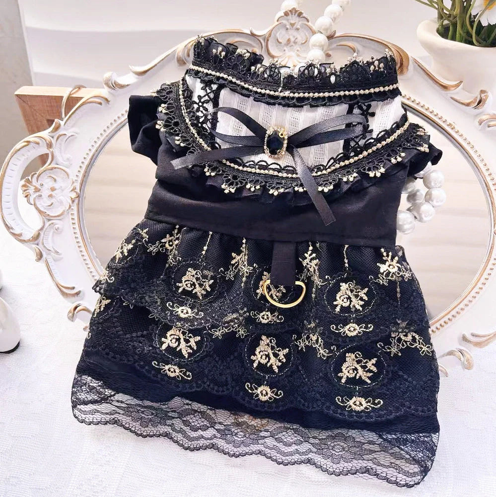 Golden skirt pet clothing for cats and dogs with gothic princess style design