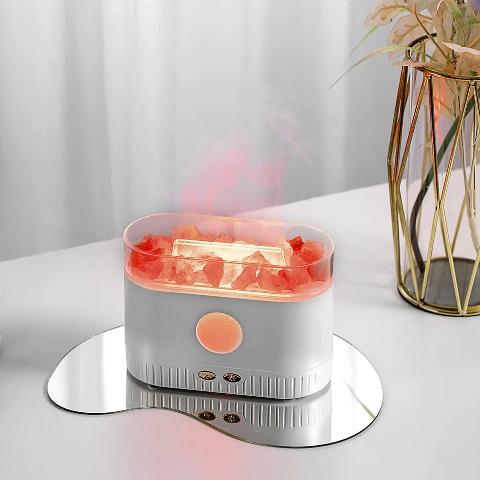 Black desktop atmosphere lamp with flame effect and humidifier functions, measuring 168mm tall