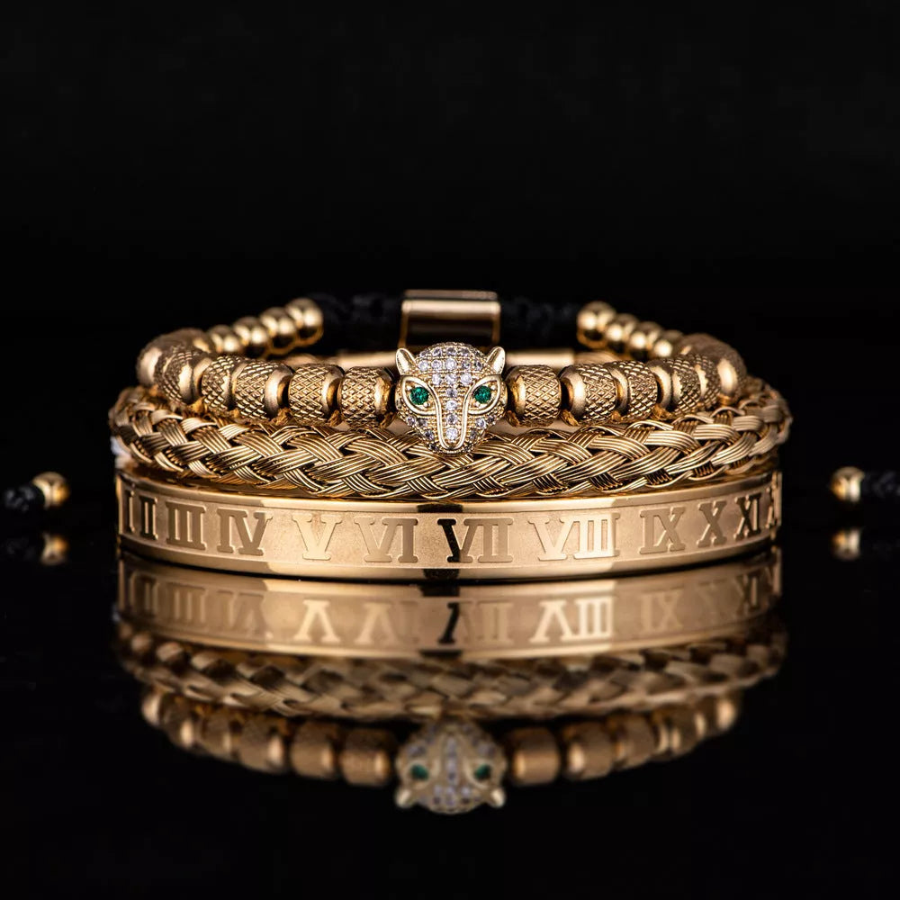 Leopard Head Set Mesh Pineapple Pearl Roman Bracelet in titanium steel with black or white diamonds