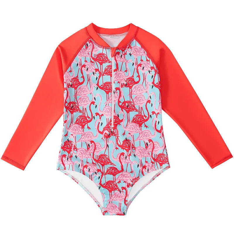 Girl's long-sleeve one-piece swimming suit in a briefs style on a hanger.