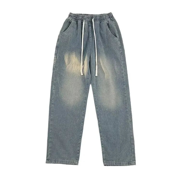 Straight-leg loose fit men's jeans in blue denim with drawstring waist for casual spring summer wear