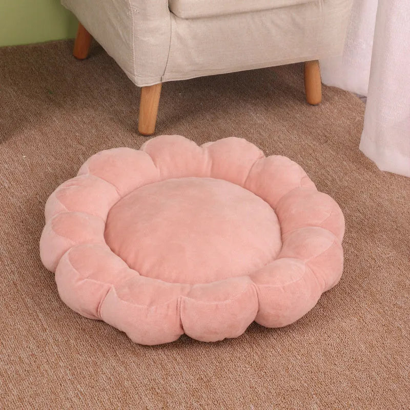 Blue half-surrounded square plush pet bed for dogs and cats on a wooden floor