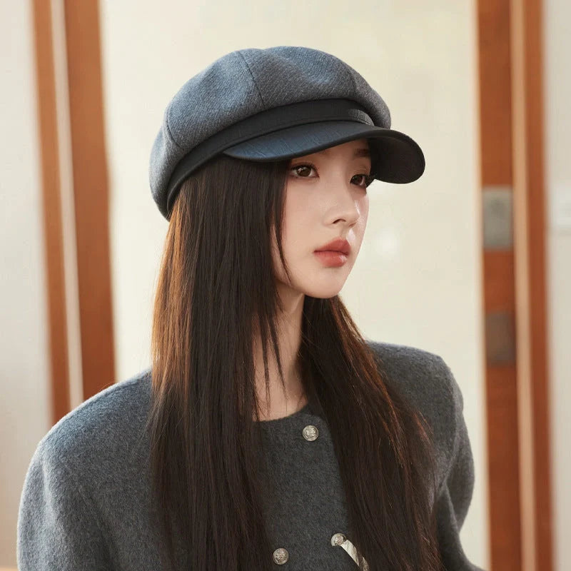 Stylish octagonal leather cap in black, gray, caramel, coffee, and milky white colors with breathable and windproof design