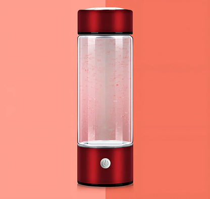 Portable hydrogen water cup in silver with borosilicate glass, showing electrolysis bubbles and romatic light, 3-minute generation