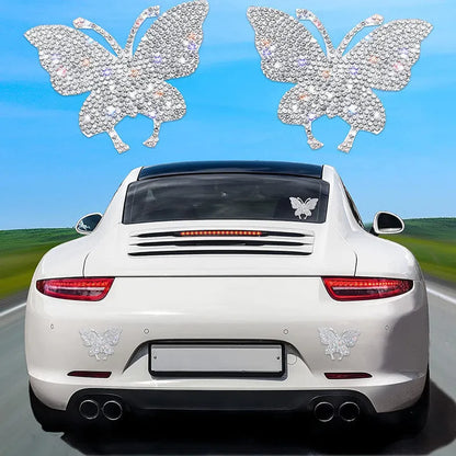7x6cm diamond-encrusted glass car sticker showing butterfly and bear paw designs with strong adhesion backing