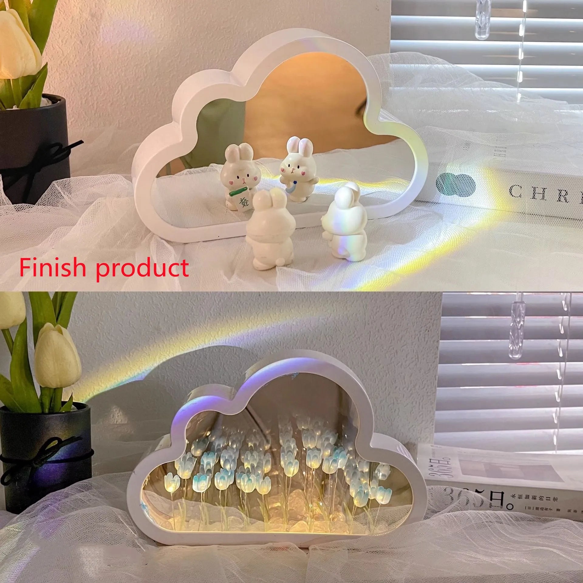 DIY tulip-shaped night lamp kit with LED lights and mirror surface in assorted colours on a desk.