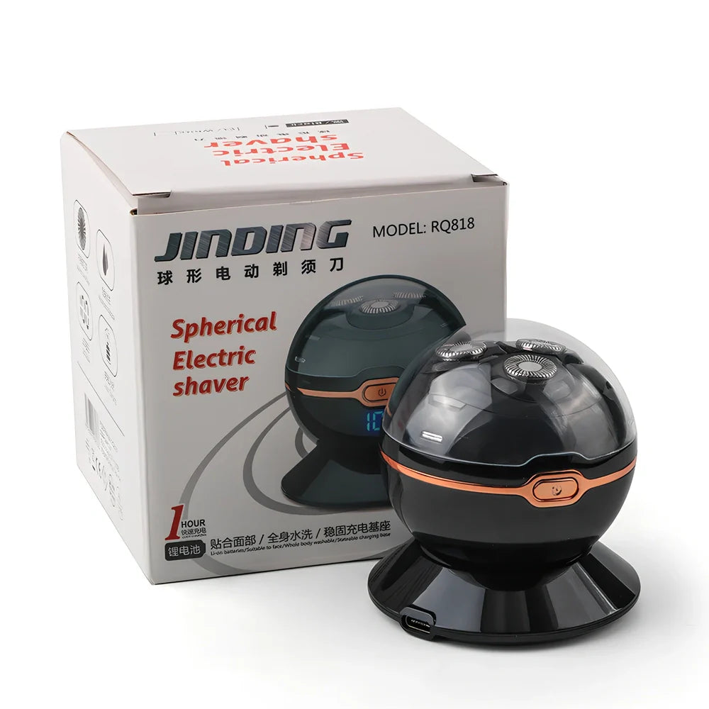 Black spherical wireless shaver with magnetic cutter heads on charging base showing digital battery display