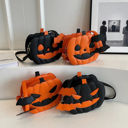Stylish Halloween crossbody bag with pumpkin cartoon and bat design, available in multiple vibrant colors