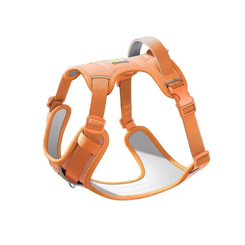 Dog wearing a chest strap harness with an attached hand holding rope in a choice of five colours.