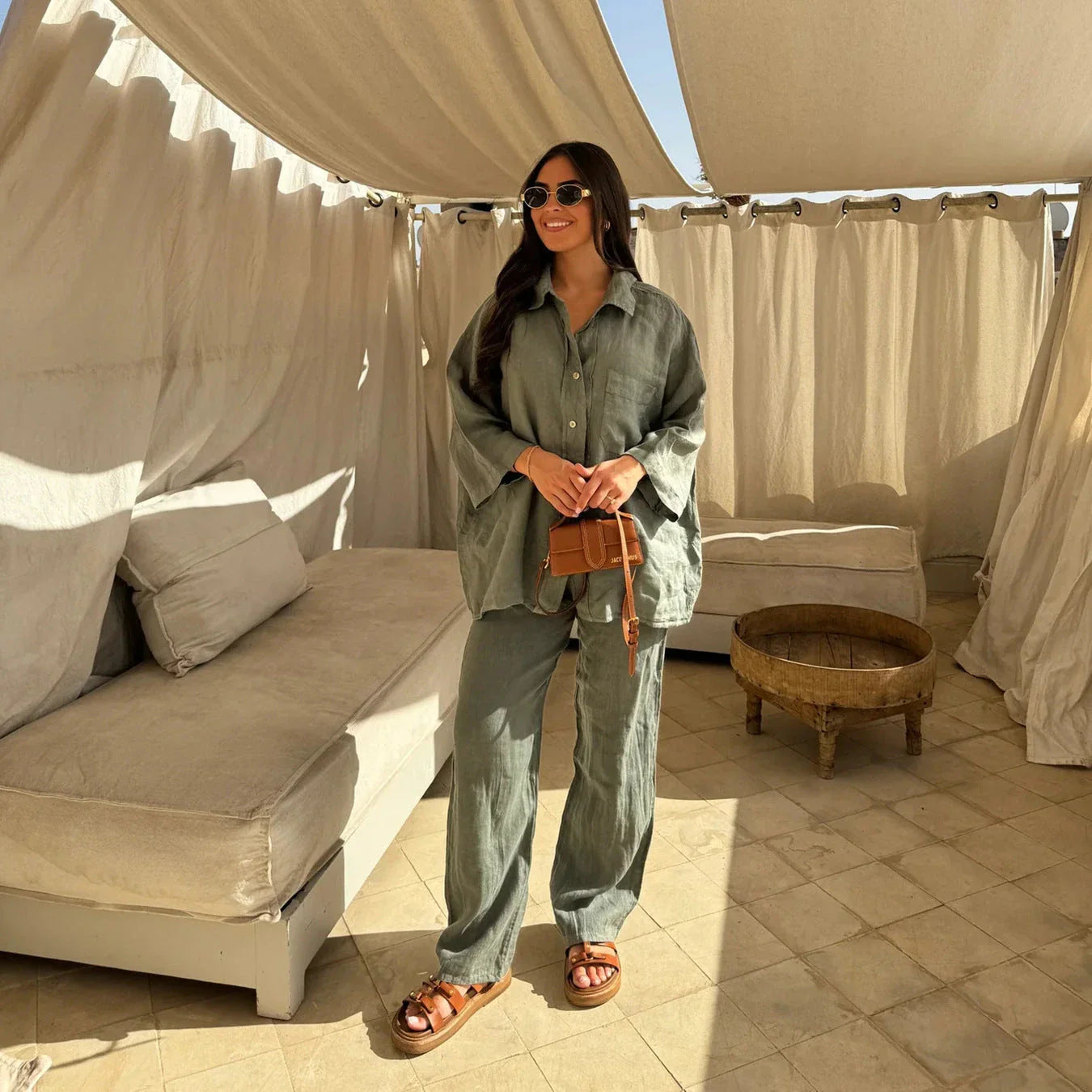 Women's stylish polyester lounge set with wide-leg pants and long-sleeved shirt in various colors