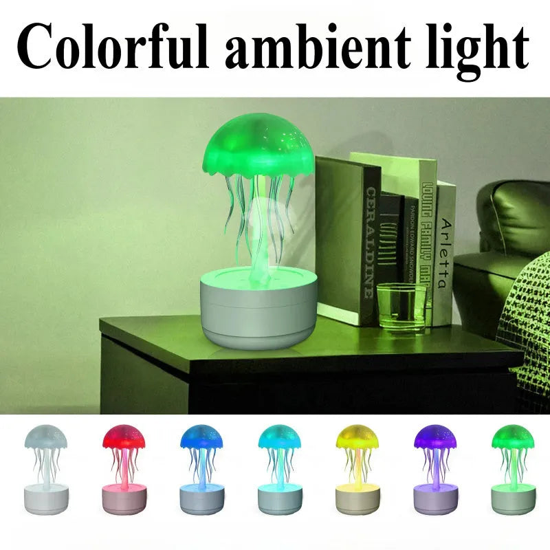 White resin jellyfish humidifier and essential oil diffuser with colourful night light on a desktop.