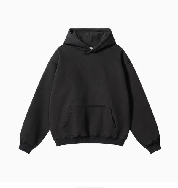 Men's grey terry hooded sweater with drop-shoulder sleeves and front pocket, showing textured cotton fabric