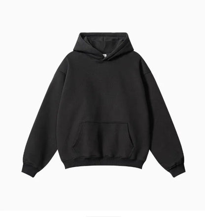 Men's grey terry hooded sweater with drop-shoulder sleeves and front pocket, showing textured cotton fabric