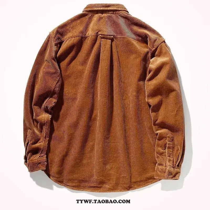 Long sleeve corduroy shirt in caramel colour with loose fit and cardigan style, suitable for casual wear.