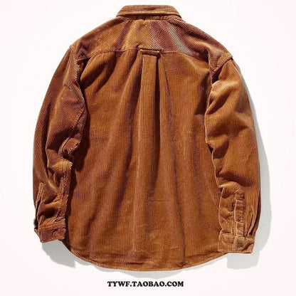 Long sleeve corduroy shirt in caramel colour with loose fit and cardigan style, suitable for casual wear.