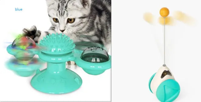 Cat rotating windmill toy with suction base, two transparent bins, blue and yellow-green TPR body.