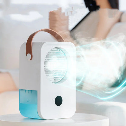 White USB desktop fan with voice control, dimensions 163mm x 104mm x 240mm, four speed settings