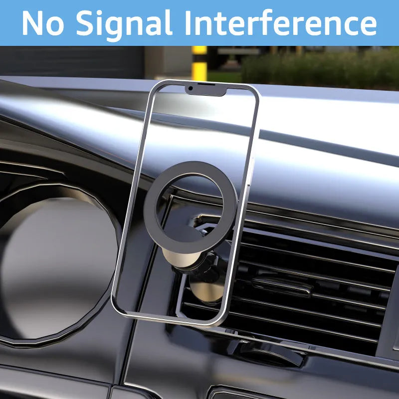 Black magnetic car phone holder clipped onto a car air vent, showing O-ring magnet and silicone grips.