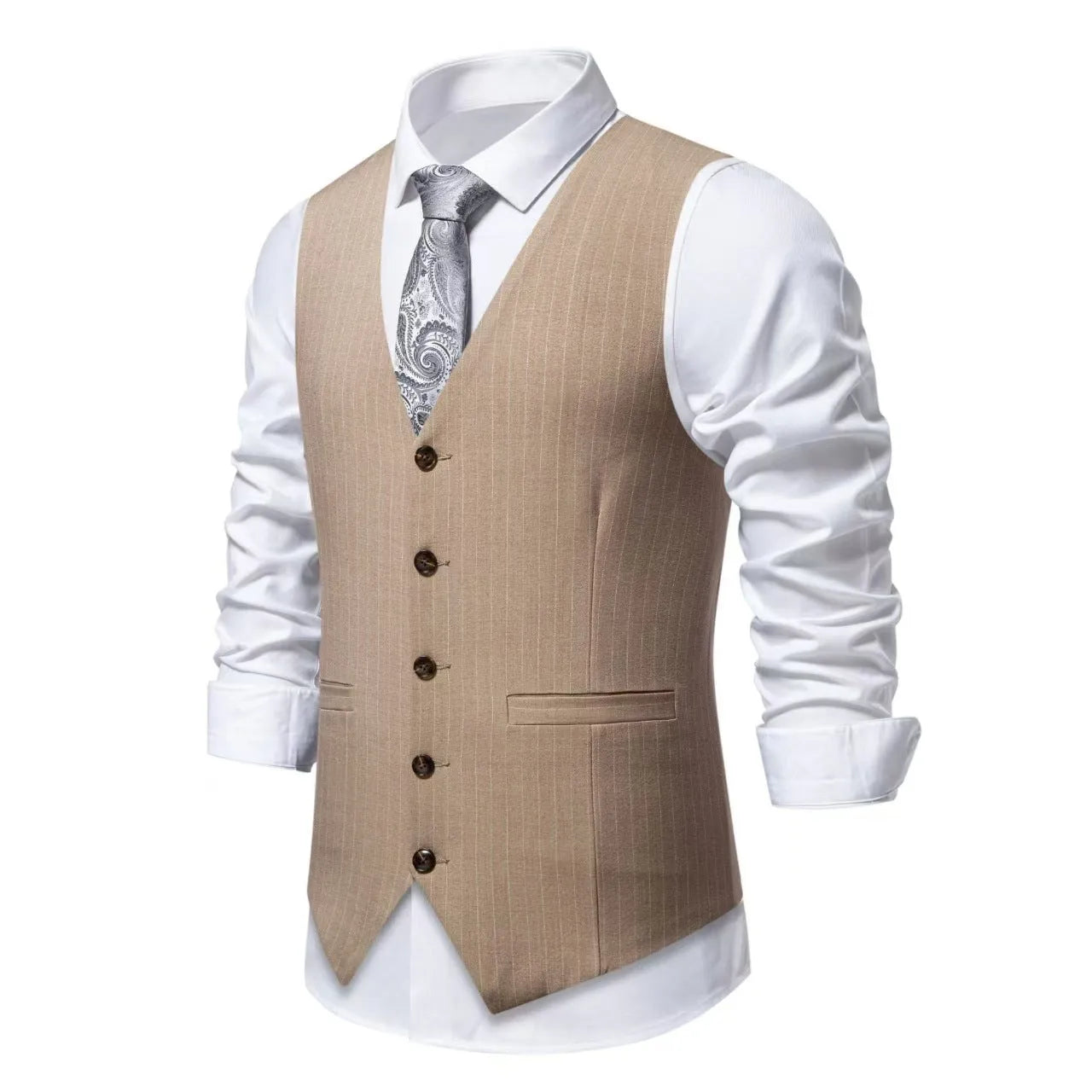Men's striped suit vest with non-ironing finish and miter bottom hem