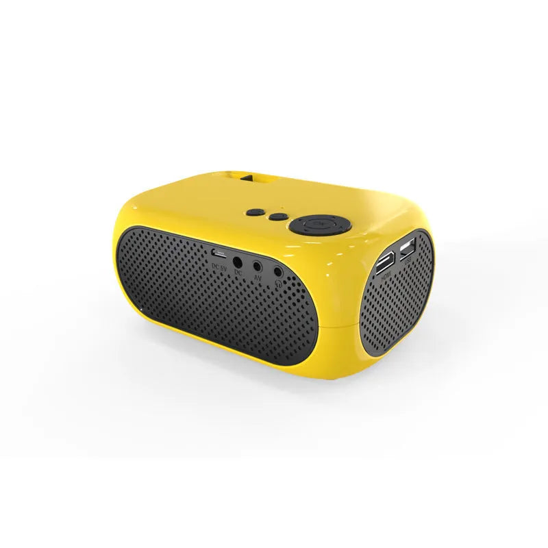 M24 gold and white portable mini LED projector with remote on a wooden table.