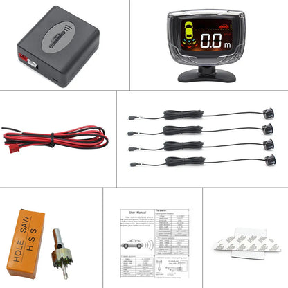 Black wireless vehicle reversing sensor system with LED display unit and four round probes.