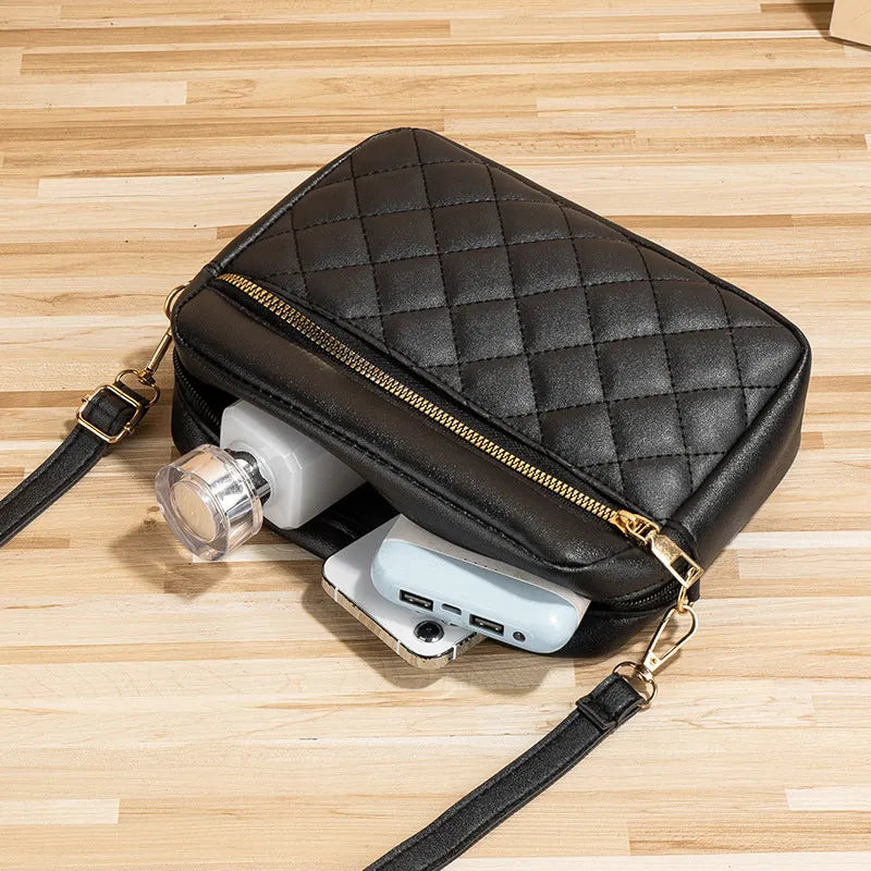Large-capacity PU crossbody bag with diamond mesh, stitching, horizontal square shape, in white, black or pink