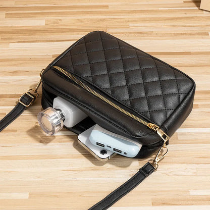 Large-capacity PU crossbody bag with diamond mesh, stitching, horizontal square shape, in white, black or pink