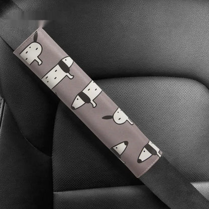 Dachshund cartoon design PU leather car seatbelt shoulder protector, 14 by 22 cm.