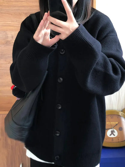 Black cotton cardigan sweater coat for women, long sleeves, medium thickness, Japanese Korean style, sizes S to XL