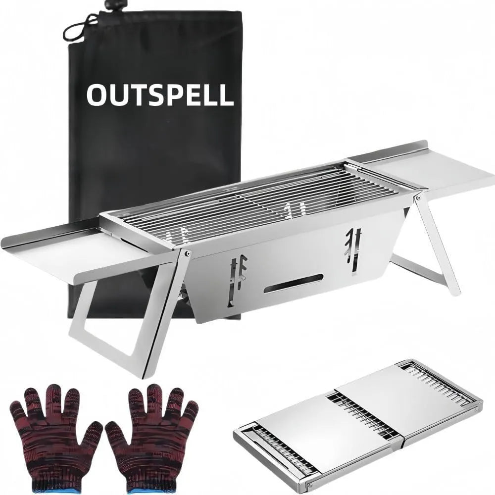 Small foldable charcoal grill collapsed to 40cm size with charcoal tray