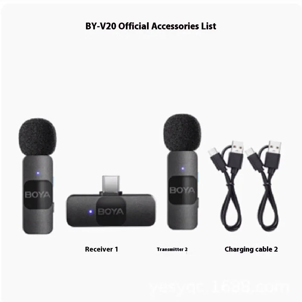 Wireless collar clip microphone with 2.4GHz transmission and USB-C charging for mobile live streaming and video recording