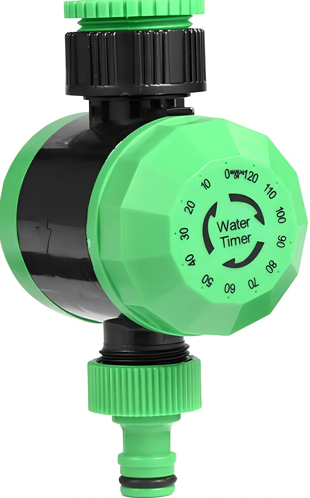 Plastic mechanical garden irrigation timer, 140mm size, connected to outdoor faucet with hose, showing 120-minute dial and auto shut-off feature