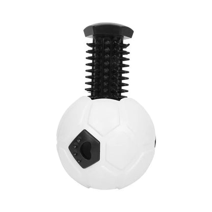 Orange and white TPR dog toy balls, one hollow and one with a teeth cleaning stick, for small dogs